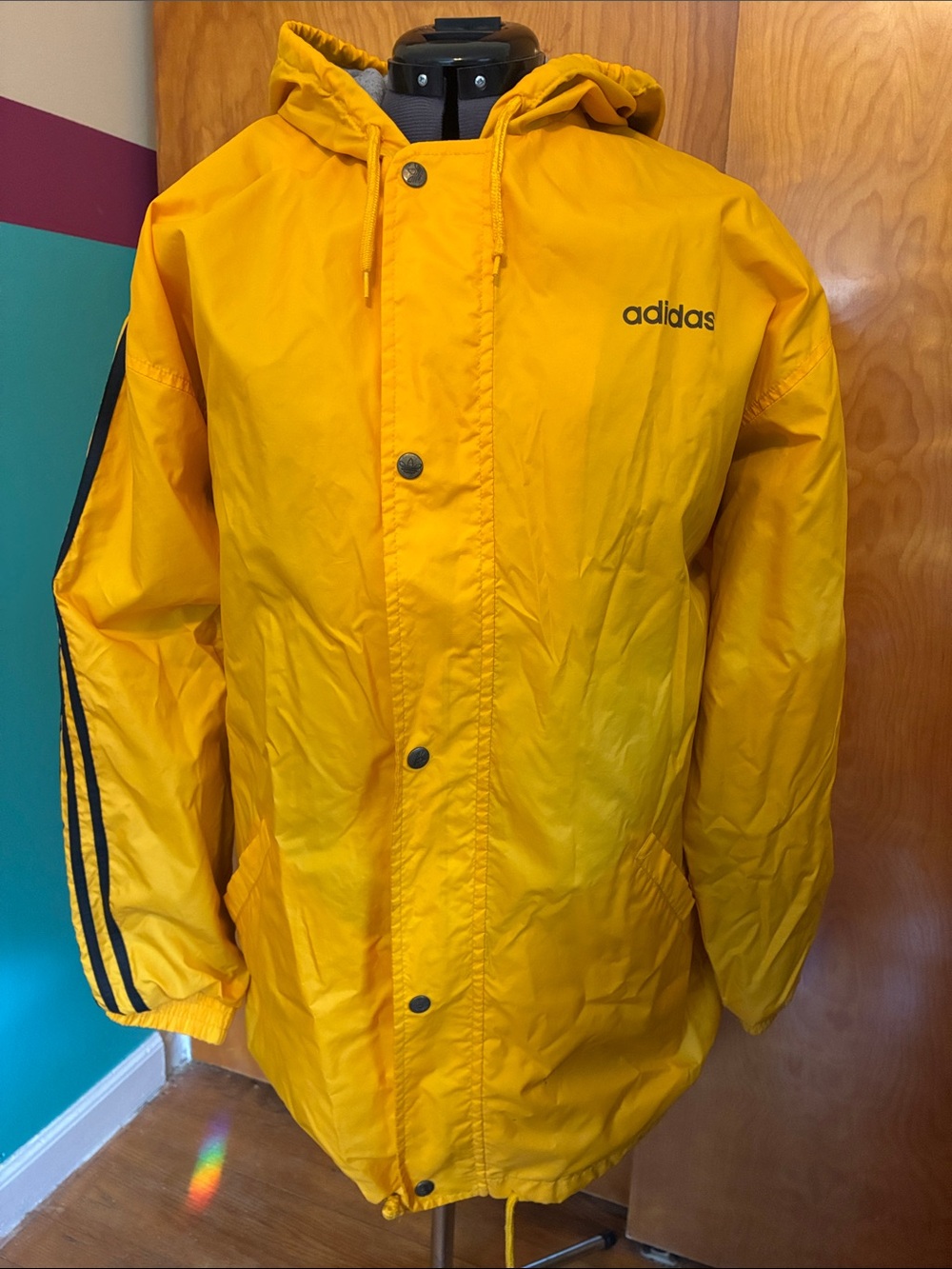 1990s adidas Yellow Hooded Windbreaker with Black Stripe Accents
